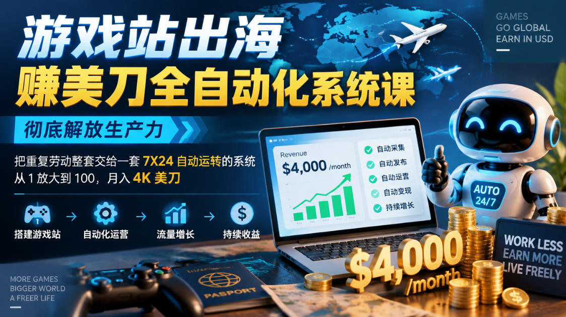游戏站出海賺美刀全自动化系统课，彻底解放生产力--把重复劳动整套交给一套7X24自动运转的系统，从1放大到100，月入4K美刀-来聚吧
