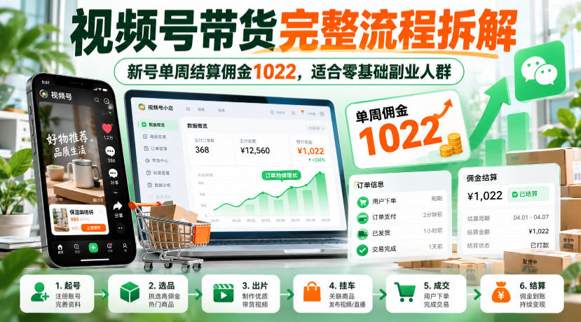 视频号带货完整流程拆解,新号单周结算佣金1022,适合零基础副业人群-来聚吧