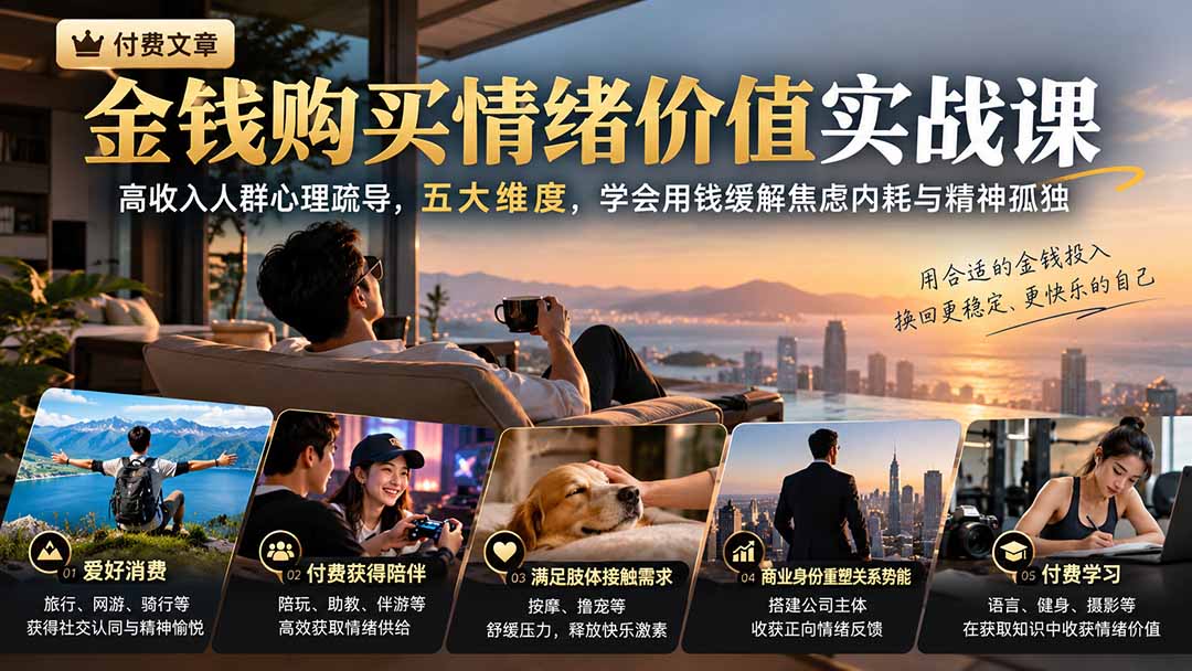 付费文章:金钱购买情绪价值实战课|高收入人群心理疏导,五大维度,学会用钱缓解焦虑内耗与精神孤独-来聚吧