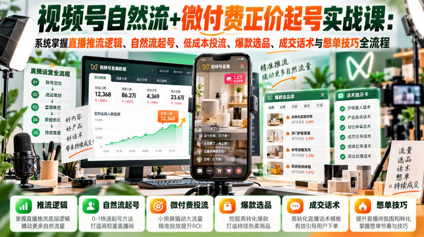 视频号自然流+微付费正价起号实战课：系统掌握直播推流逻辑、自然流起号、低成本投流、爆款选品、成交话术与憋单技巧全流程-来聚吧