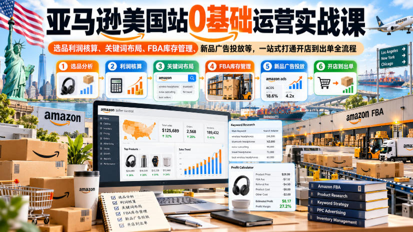 亚马逊美国站0基础运营实战课|选品利润核算、关键词布局、FBA库存管理、新品广告投放等,一站式打通开店到出单全流程-来聚吧