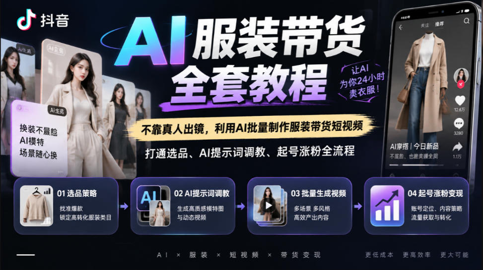 抖音AI服装带货全套教程,不靠真人出镜,利用AI批量制作服装带货短视频,打通选品、AI提示词调教、起号涨粉全流程-来聚吧