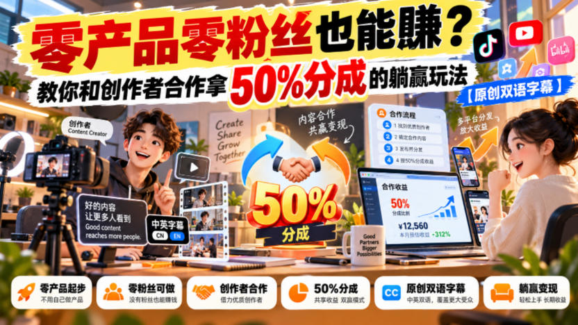 【无水印】零产品零粉丝也能賺?教你和创作者合作拿50%分成的躺赢玩法【原创双语字幕】-来聚吧