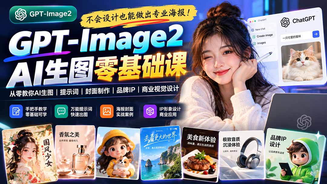 不会设计也能做出专业海报!GPT-Image2从零教你AI生图、提示词、封面制作、品牌IP与商业视觉设计-来聚吧