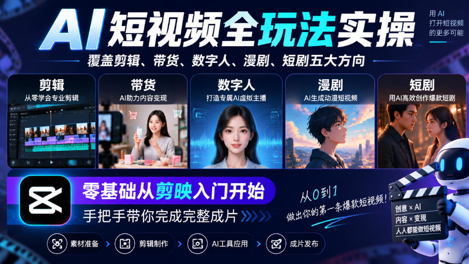 AI短视频全玩法实操,覆盖剪辑、带货、数字人、漫剧、短剧五大方向,零基础从剪映入门开始,手把手带你完成完整成片-来聚吧