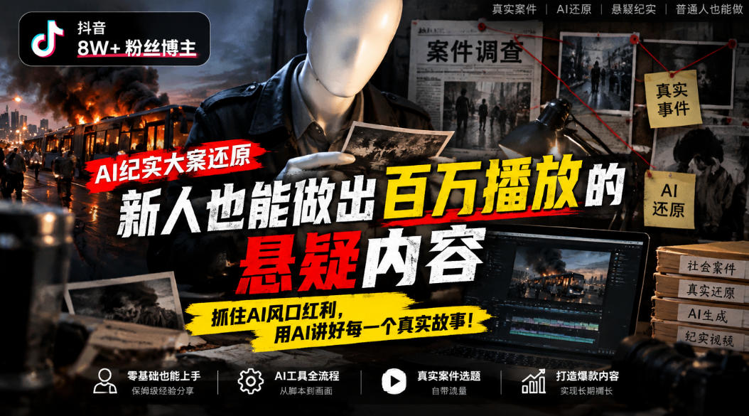 抖音8W粉丝博主的AI纪实大案还原教学,新人也能做出百W播放的悬疑内容,抓住AI风口红利,用AI讲好每一个真实故事(更新1014)-来聚吧