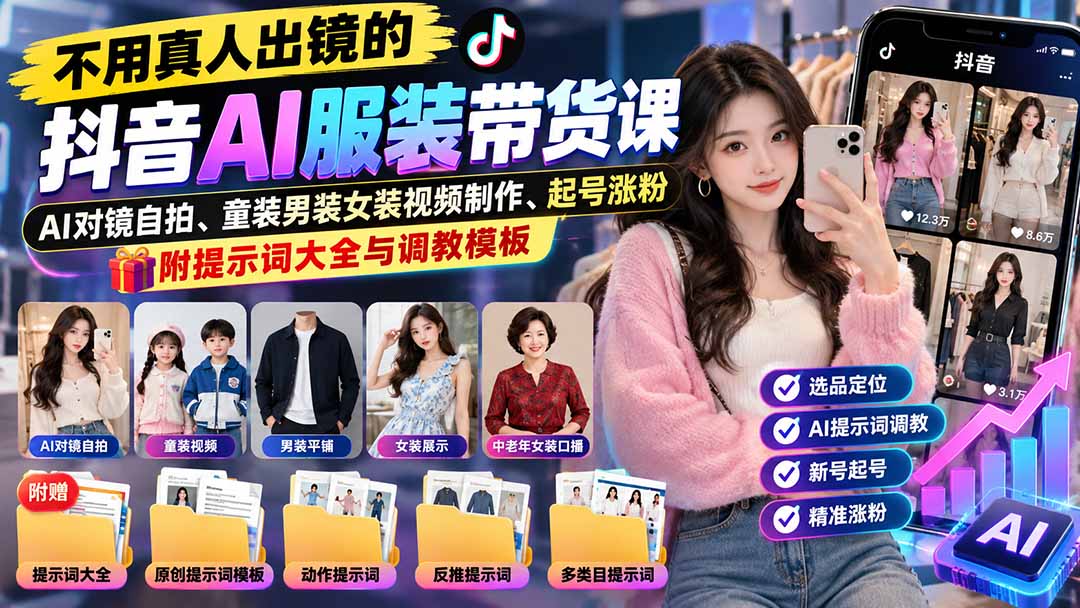 不用真人出镜的抖音AI服装带货课:AI对镜自拍、童装男装女装视频制作、起号涨粉,附提示词大全与调教模板-来聚吧