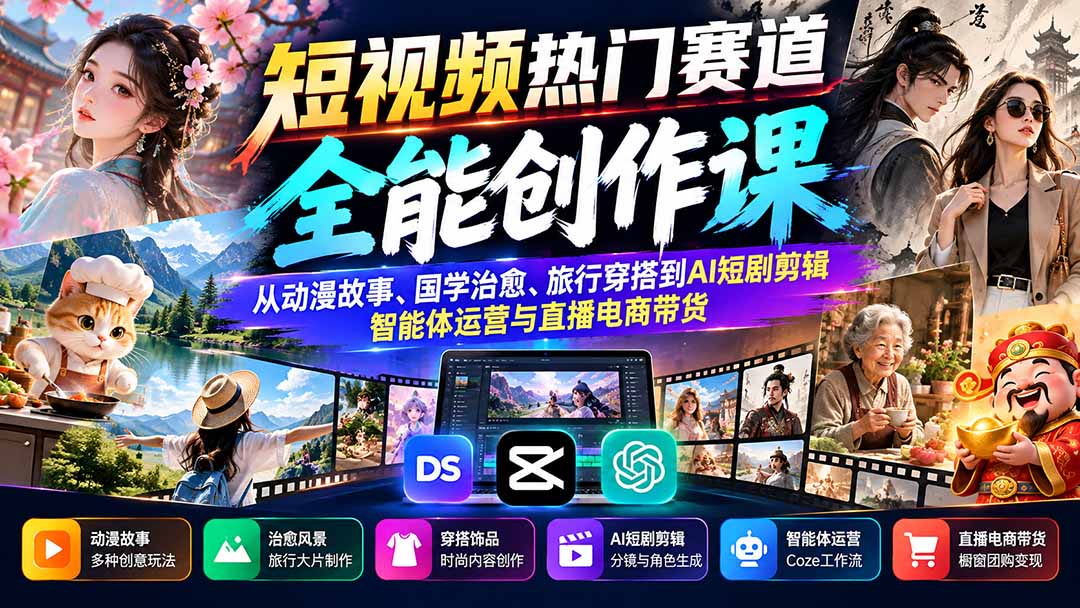短视频热门赛道全能创作课:从动漫故事、国学治愈、旅行穿搭到AI短剧剪辑、智能体运营与直播电商带货-来聚吧