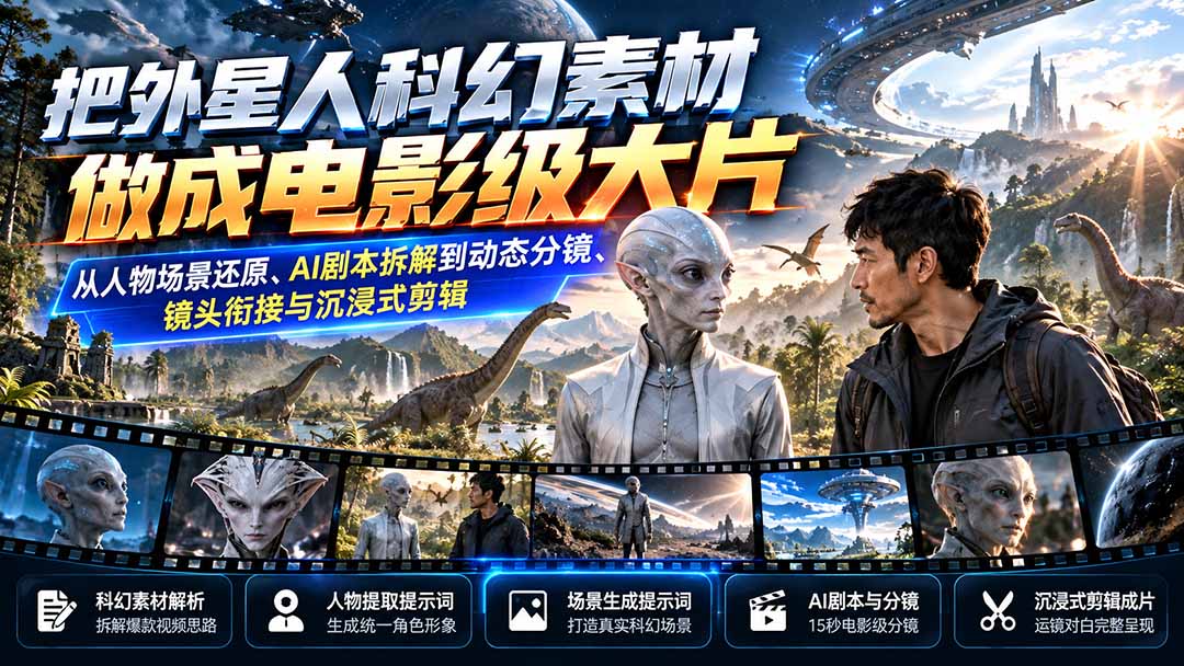 把外星人科幻素材做成电影级大片:从人物场景还原、AI剧本拆解到动态分镜、镜头衔接与沉浸式剪辑-来聚吧
