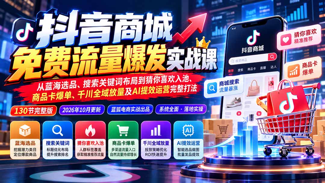 抖音商城免费流量爆发实战:从蓝海选品、搜索关键词布局到猜你喜欢入池、商品卡爆单、千川全域放量及AI提效完整打法-来聚吧