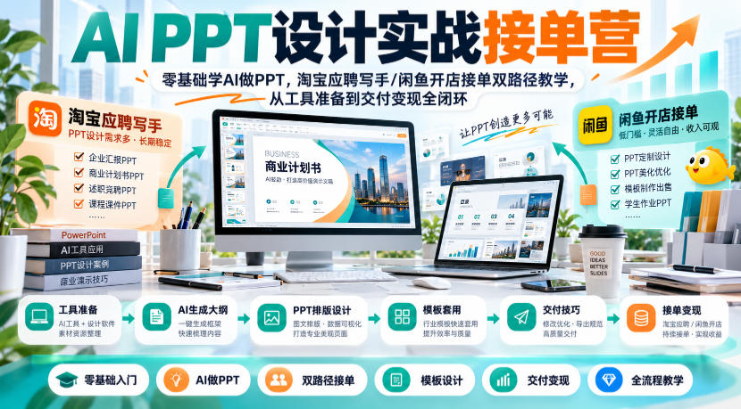AI PPT设计实战接单营|零基础学AI做PPT,淘宝应聘写手/闲鱼开店接单双路径教学,从工具准备到交付变现全闭环-来聚吧