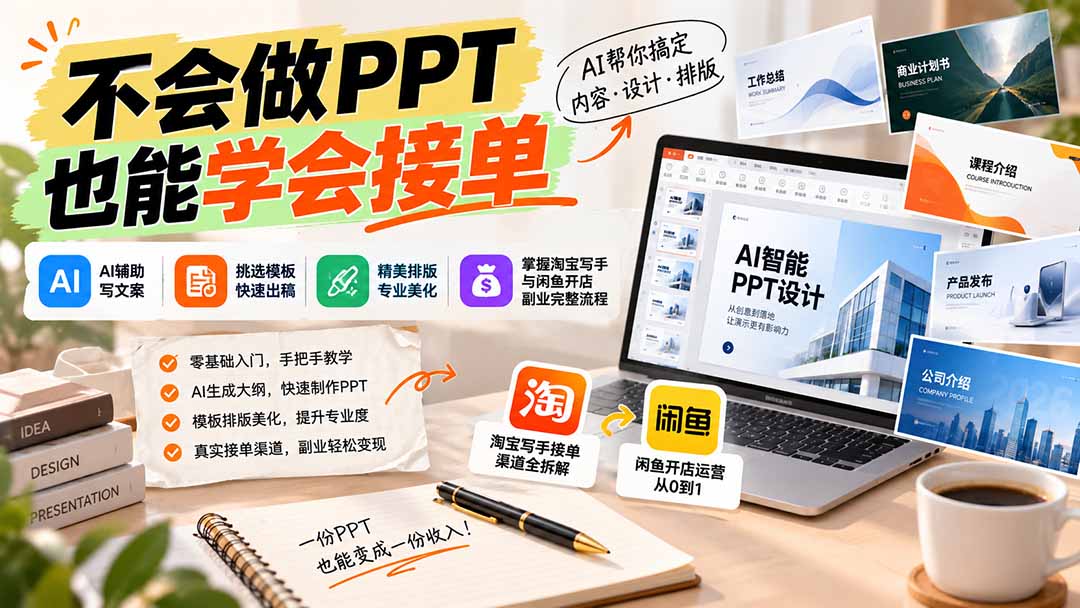 不会做PPT也能学会接单:AI辅助写文案、挑模板、做排版,掌握淘宝写手与闲鱼开店副业完整流程-来聚吧