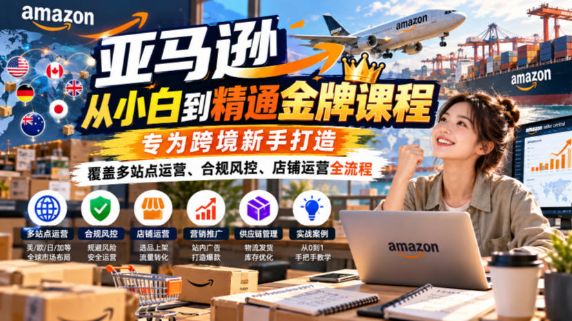 亚马逊从小白到精通金牌课程,专为跨境新手打造,覆盖多站点运营、合规风控、店铺运营全流程-来聚吧