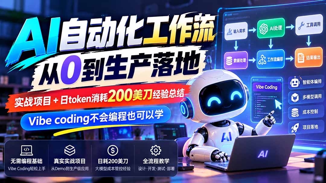 【无水印】AI自动化工作流从0到生产落地,实战项目+日token消耗200美刀经验总结,Vibe coding不会编程也可以学-来聚吧