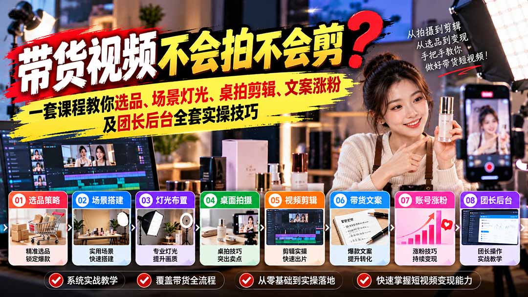 带货视频不会拍不会剪?一套课程教你选品、场景灯光、桌拍剪辑、文案涨粉及团长后台全套实操技巧 复制标题-来聚吧
