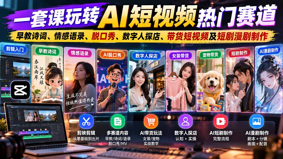一套课玩转AI短视频热门赛道:早教诗词、情感语录、脱口秀、数字人探店、带货短视频及短剧漫剧制作 复制标题-来聚吧