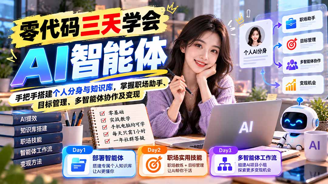 【无水印】零代码三天学会AI智能体:手把手搭建个人分身与知识库,掌握职场助手、目标管理、多智能体协作及变现-来聚吧
