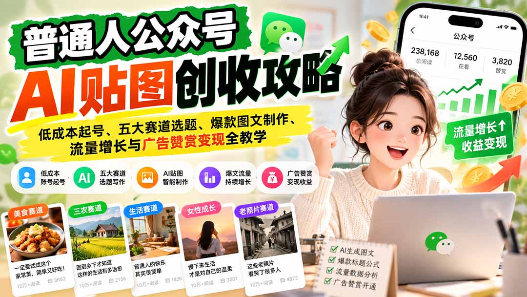 普通人公众号AI贴图创收攻略:低成本起号、五大赛道选题、爆款图文制作、流量增长与广告赞赏变现全教学-来聚吧