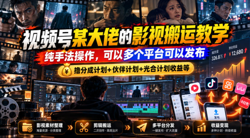 视频号某大佬的影视搬运教学，纯手法操作，可以多个平台可以发布，撸分成计划+伙伴计划+光合计划收益等-来聚吧