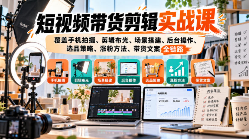 短视频带货剪辑实战课,覆盖手机拍摄、剪辑布光、场景搭建、后台操作、选品策略、涨粉方法、带货文案全链路-来聚吧