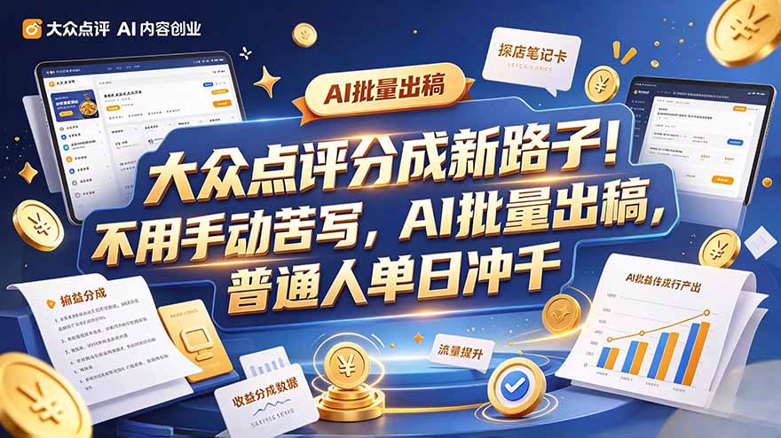 大众点评副业新玩法,工具提效解放双手,批量做笔记,单日可破千-来聚吧