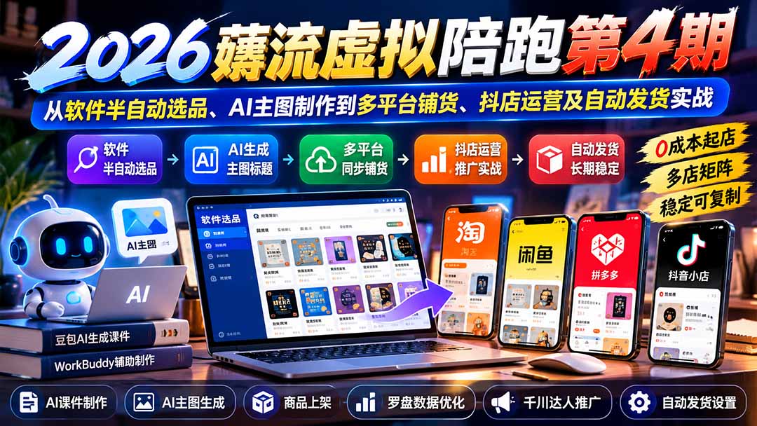 2026薅流虚拟陪跑第4期：从软件半自动选品、AI主图制作到多平台铺货、抖店运营及自动发货实战-来聚吧