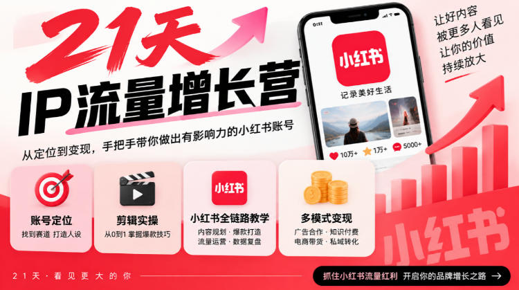 21天IP流量增长营，小红书全链路教学，账号定位剪辑实操，多模式变现系统课-来聚吧