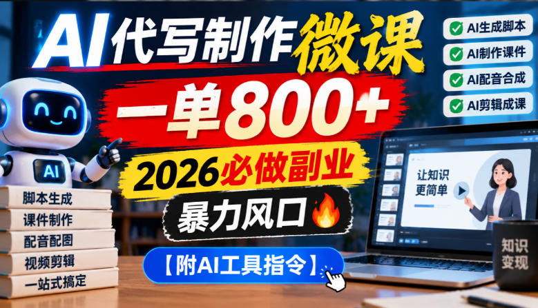 AI代写制作微课，一单800+，2026必做副业，暴力风口【附AI工具指令】【揭秘】-来聚吧