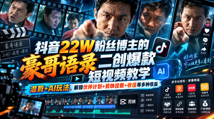 抖音22W粉丝博主的豪哥语录二创爆款短视频教学，混剪+AI玩法，解锁伙伴计划+剪映挂载+收徒等多种收益-来聚吧