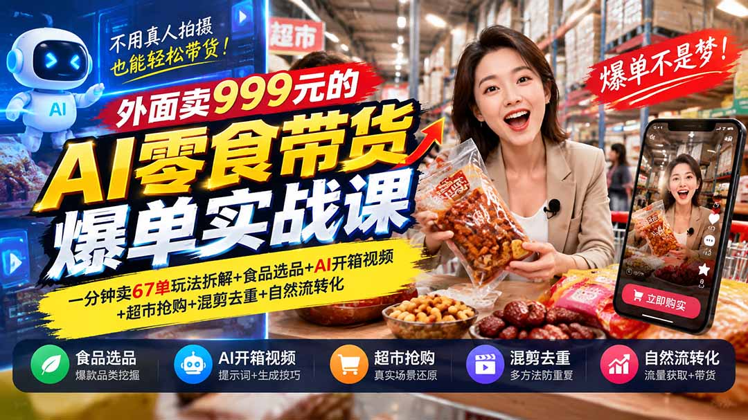 外面卖999元的AI零食带货爆单实战课｜一分钟卖67单玩法拆解+食品选品+AI开箱视频+超市抢购+混剪去重+自然流转化-来聚吧
