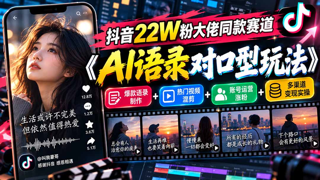 抖音22W粉大佬同款赛道《AI语录对口型玩法》：爆款语录制作+热门视频混剪+账号运营涨粉+多渠道变现实操-来聚吧