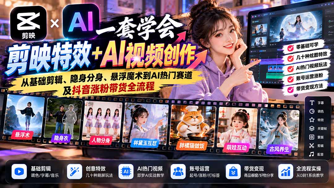 一套学会剪映特效+AI视频创作:从基础剪辑、隐身分身、悬浮魔术到AI热门赛道及抖音涨粉带货全流程-来聚吧