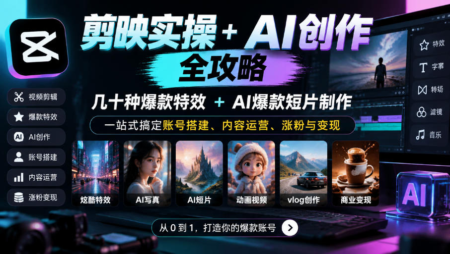 剪映实操+AI创作全攻略|几十种爆款特效+AI爆款短片制作,一站式搞定账号搭建、内容运营、涨粉与变现-来聚吧