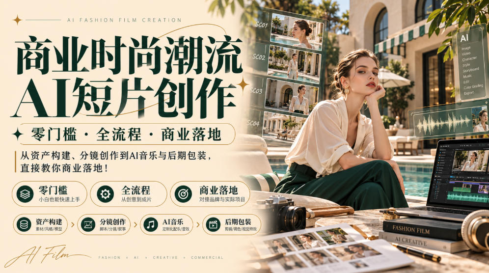 商业时尚潮流AI短片创作|零门槛・全流程・商业落地,从资产构建、分镜创作到AI音乐与后期包装,直接教你商业落地!-来聚吧