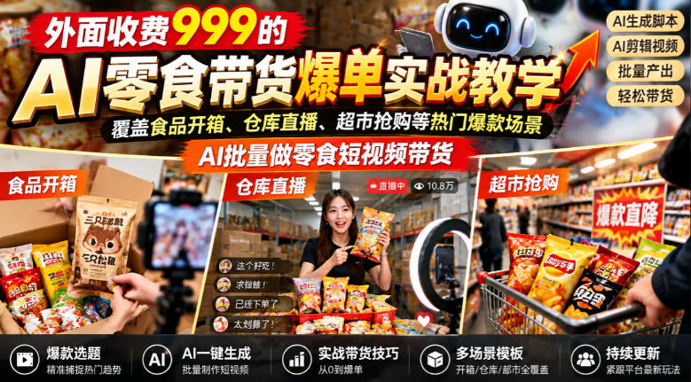外面收费999的AI零食带货爆单实战教学，覆盖食品开箱、仓库直播、超市抢购等热门爆款场景，AI批量做零食短视频带货-来聚吧