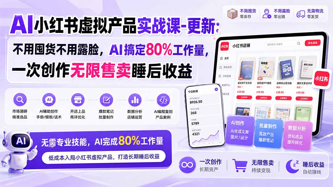 AI小红书虚拟产品实战课-更新1017：不用囤货不用露脸，AI搞定80%工作量，一次创作无限售卖睡后收益-来聚吧