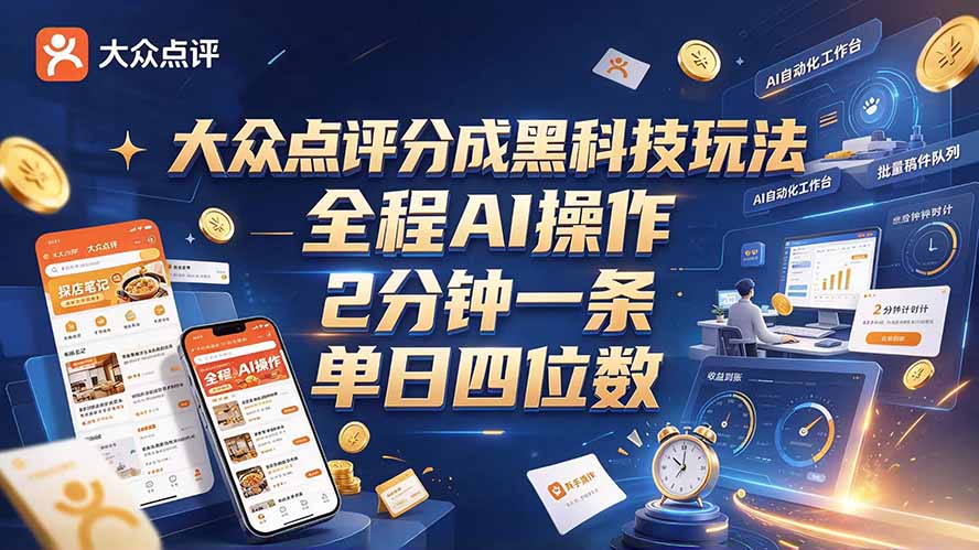 大众点评分成全网独家玩法，AI 全自动出内容，2 分钟一条，小白可冲单日四位数-来聚吧