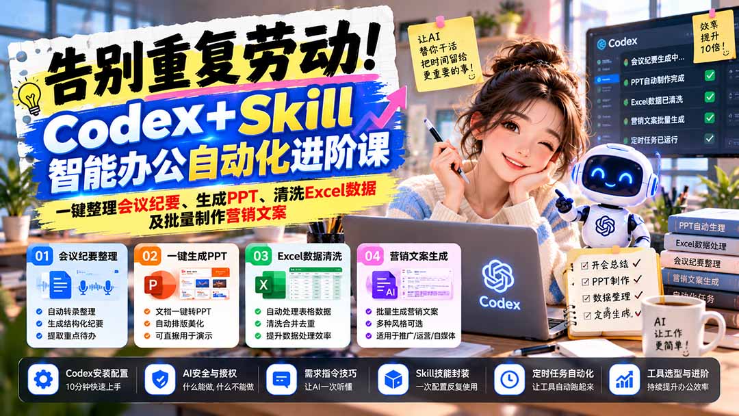 告别重复劳动!Codex+Skill智能办公自动化进阶课:一键整理会议纪要、生成PPT、清洗Excel数据及批量制作营销文案-来聚吧