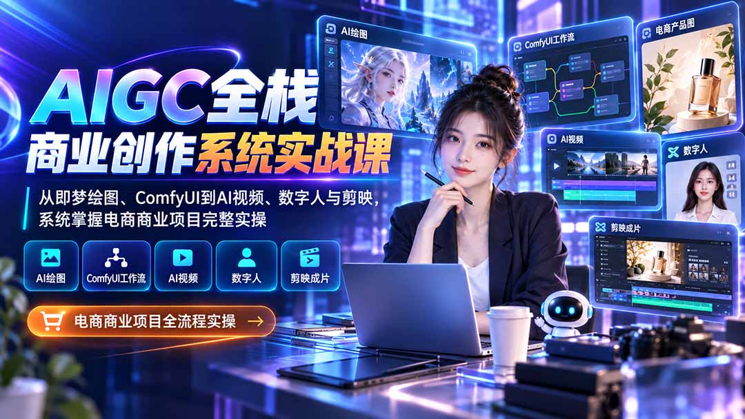 AIGC全栈商业创作系统实战课-更新1017:从即梦绘图、ComfyUI到AI视频、数字人与剪映,系统掌握电商商业项目完整实操-来聚吧