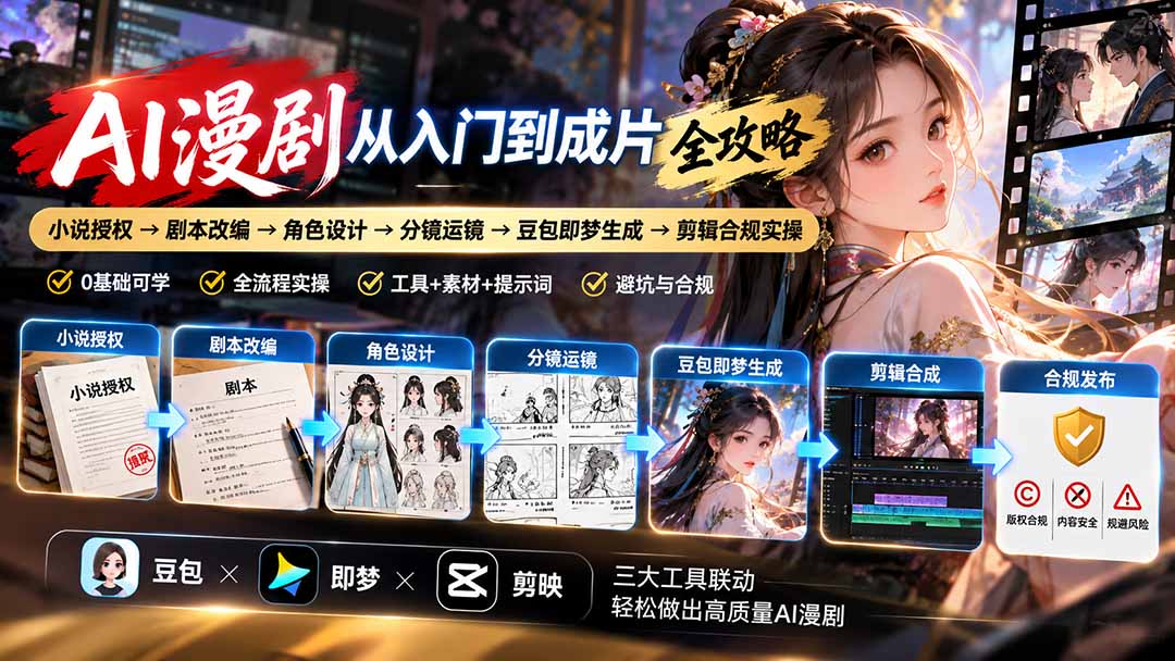 AI漫剧从入门到成片全攻略-更新1017:小说授权→剧本改编→角色设计→分镜运镜→豆包即梦生成→剪辑合规实操-来聚吧