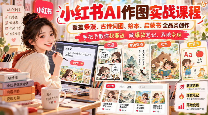 小红书AI作图实战课程，覆盖条漫、古诗词图、绘本、启蒙书全品类创作，手把手教你找赛道、做爆款笔记、落地变现(更新1017)-来聚吧