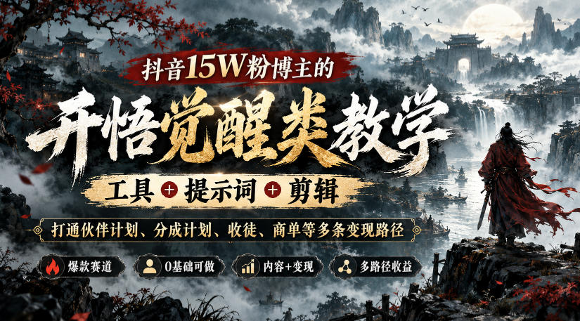 抖音15W粉博主的开悟觉醒类教学，工具+提示词+剪辑，打通伙伴计划、分成计划、收徒、商单等多条变现路径-来聚吧