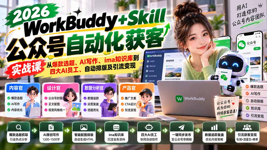 WorkBuddy + Skill公众号自动化获客实战课:从爆款选题、AI写作、ima知识库到四大AI员工、自动排版及引流变现-来聚吧