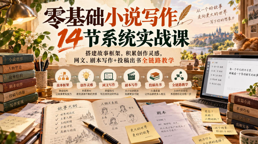 零基础小说写作14节系统实战课，搭建故事框架，积累创作灵感，网文、剧本写作+投稿出书全链路教学-来聚吧
