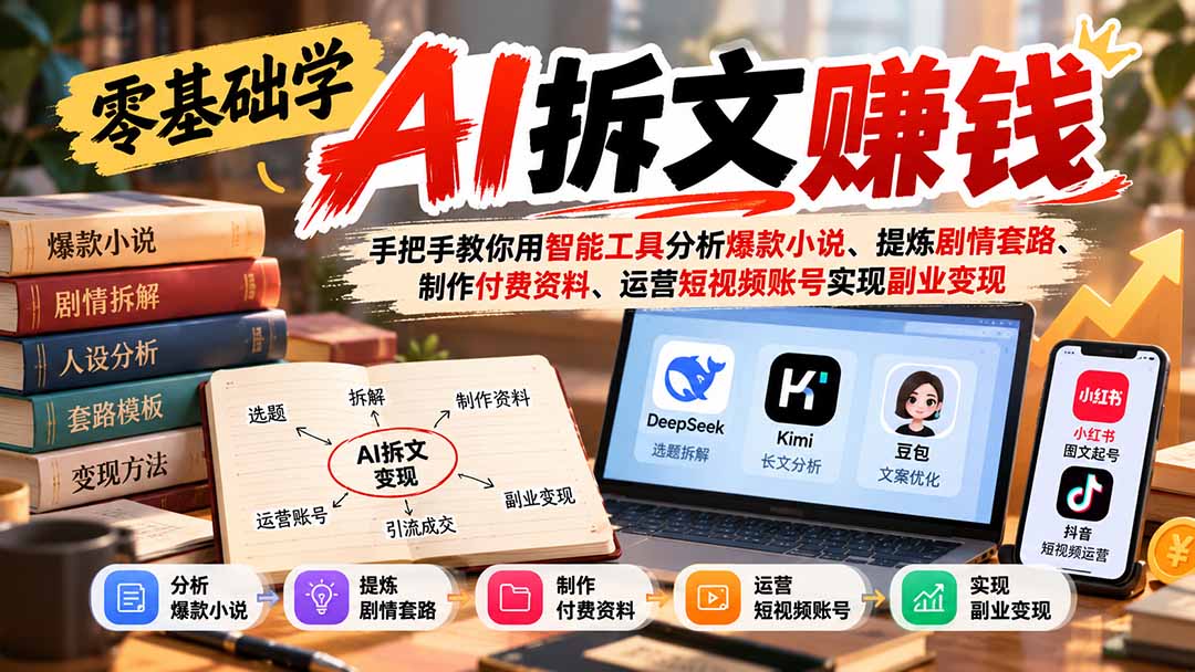 零基础学AI拆文赚钱:手把手教你用智能工具分析爆款小说、提炼剧情套路、制作付费资料、运营短视频账号实现副业变现-来聚吧