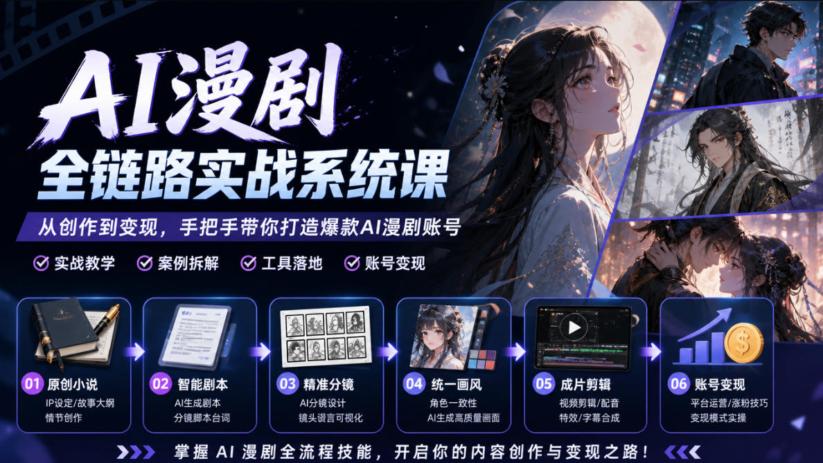 AI漫剧全链路实战系统课|原创小说、智能剧本、精准分镜、统一画风、成片剪辑、账号变现实操教学(更新1018)-来聚吧