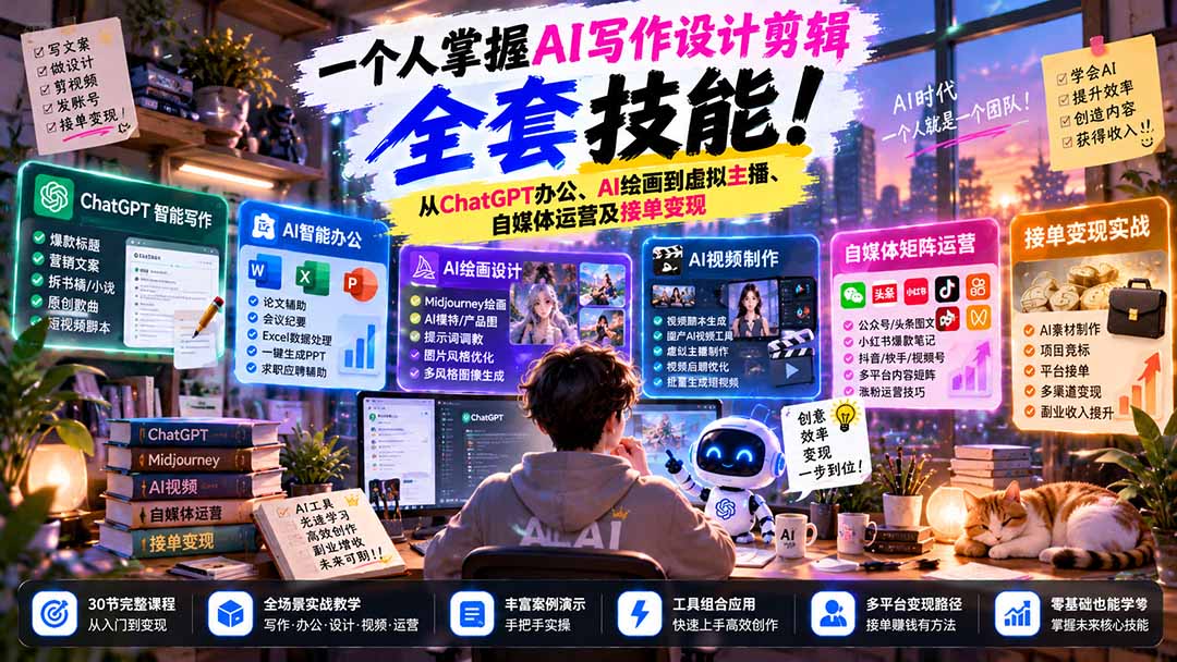 一个人掌握AI写作设计剪辑全套技能:从ChatGPT办公、AI绘画到虚拟主播、自媒体运营及接单变现-来聚吧