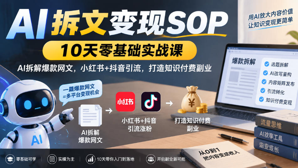 AI拆文变现SOP|10天零基础实战课,AI拆解爆款网文,小红书+抖音引流,打造知识付费副业-来聚吧