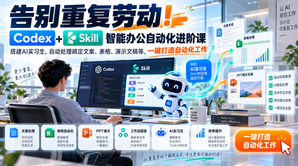 告别重复劳动!Codex+Skill智能办公自动化进阶课|搭建AI实习生,自动处理搞定文案、表格、演示文稿等,一键打造自动化工作-来聚吧