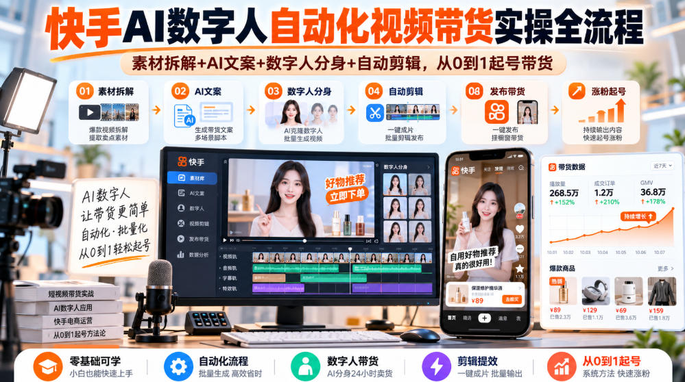快手AI数字人自动化视频带货实操全流程|素材拆解+AI文案+数字人分身+自动剪辑,从0到1起号带货(更新26年)-来聚吧